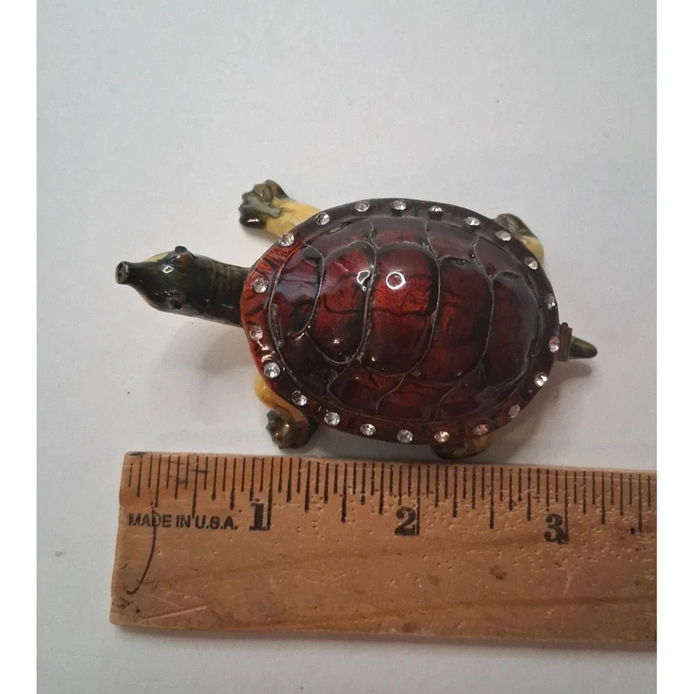 Metal Brass Enameled Turtle Trinket Box with Rhinestones Hinged Shell Lid Nice!